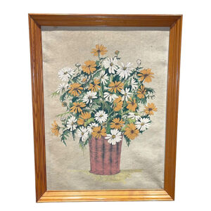 Vintage MCM Wild Daisies Still Life Wicker Basket 26”x20” Framed Grannycore